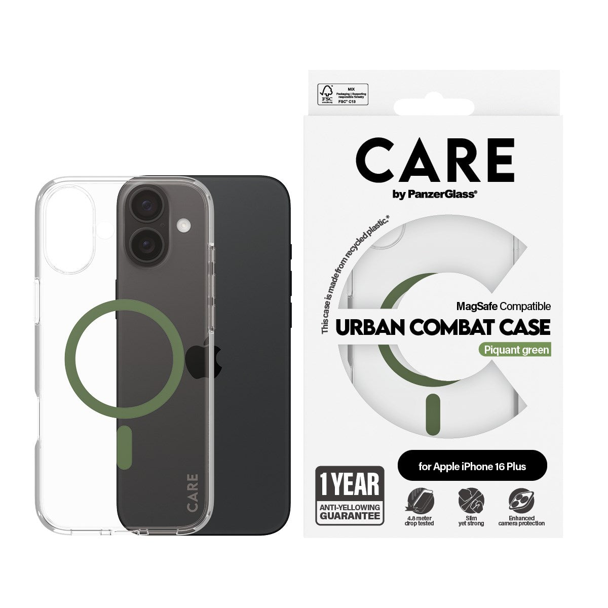 CARE by PanzerGlass® Urban Combat Case Transparent w. Green MagSafe iPhone 16 Plus